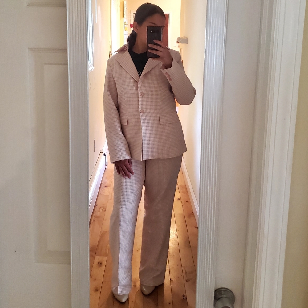 Boss Babe Vintage Pink & White Houndstooth Tweed Blazer + Straight Leg Pantsuit